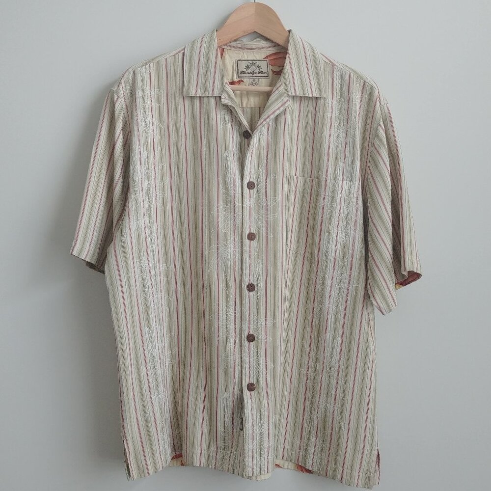 Montego Mon 100% silk Mens short sleeve button down shirt striped floral Medium